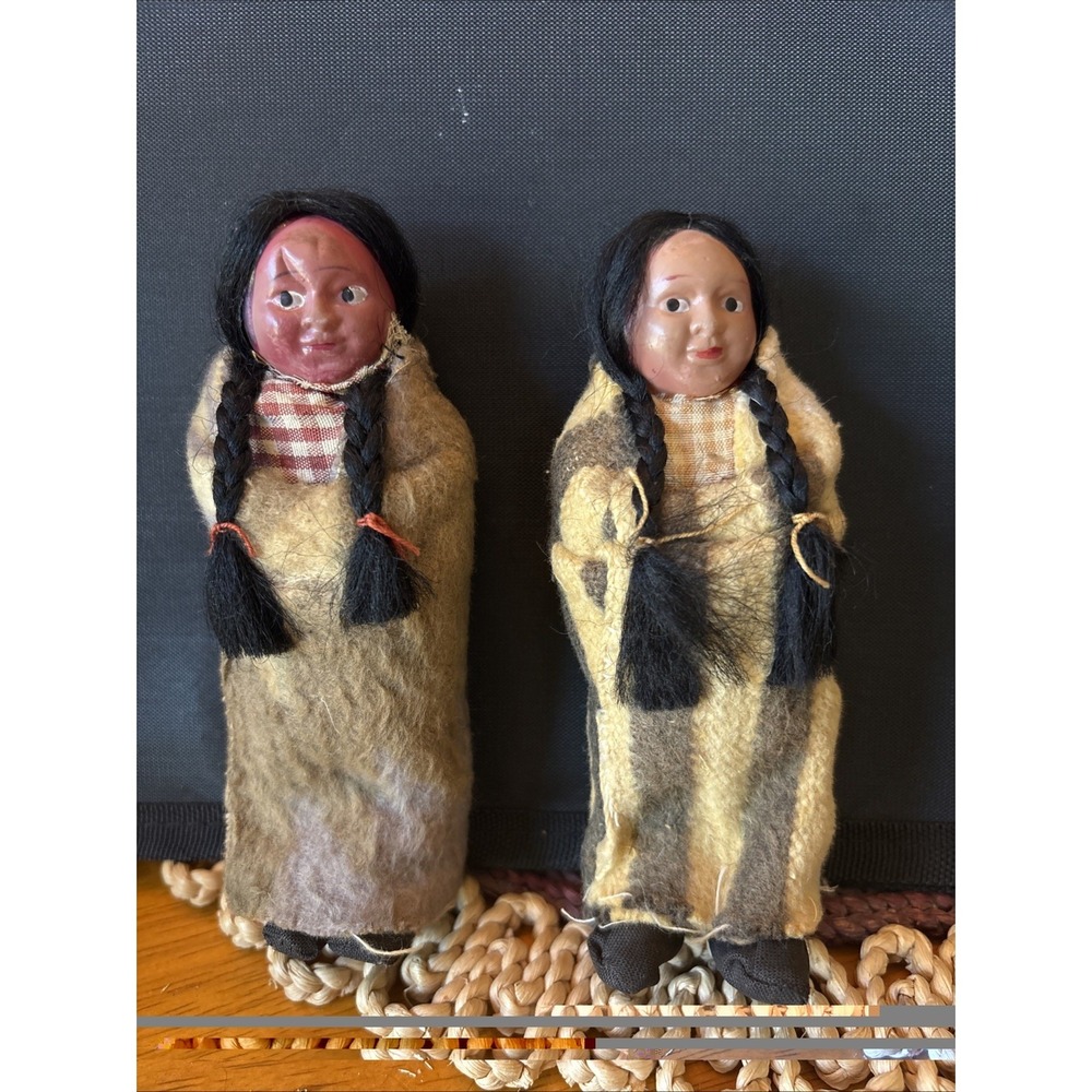 2 VTG Skookum Style Native American Dolls 5" Plastic Face Wool Blanket Japan
